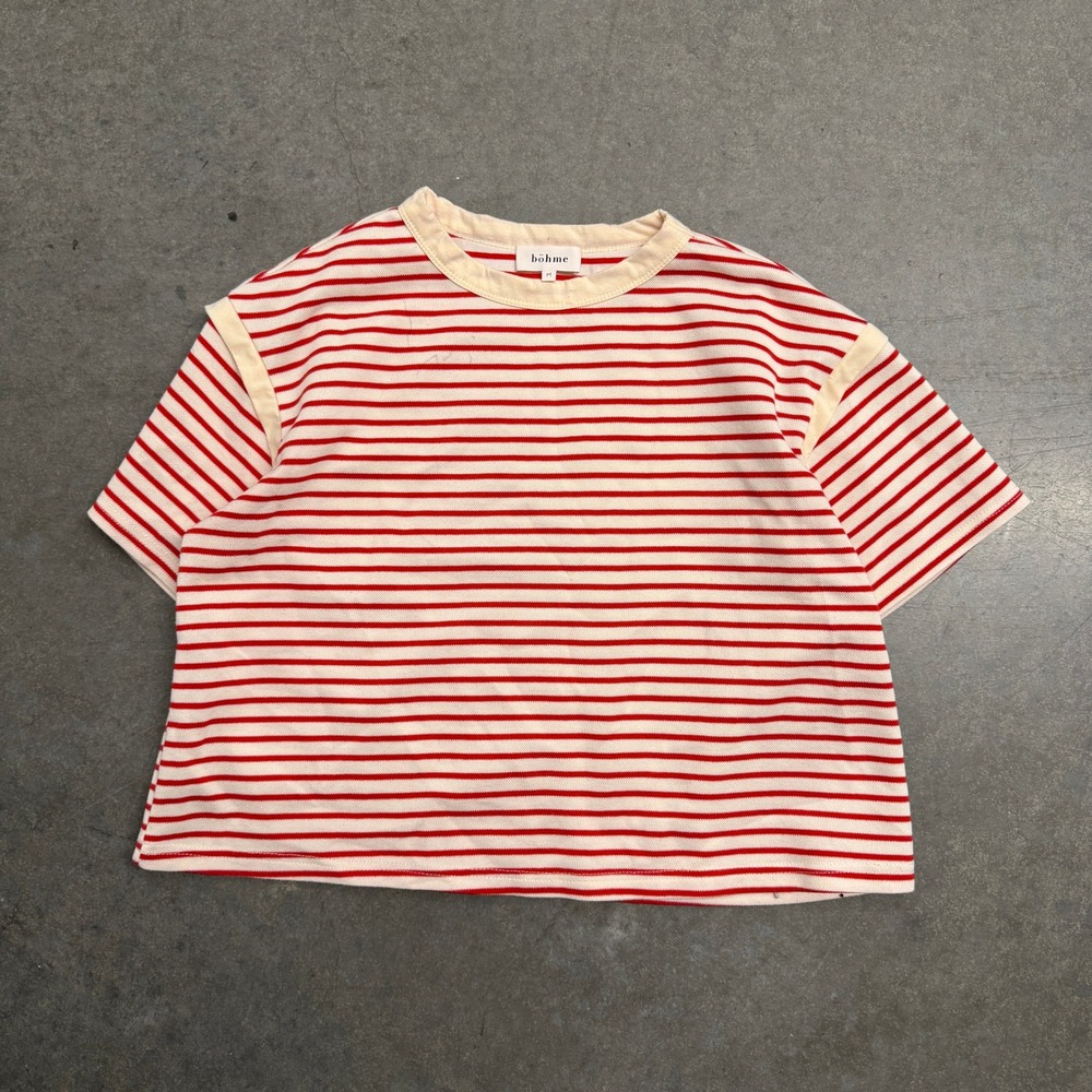Bohme Womens Red Cream Striped Ribbed Knit Short Sleeve Boxy Crop Top Size M